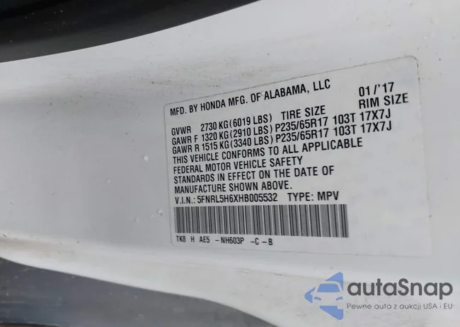 5FNRL5H6XHB005532: 43872853