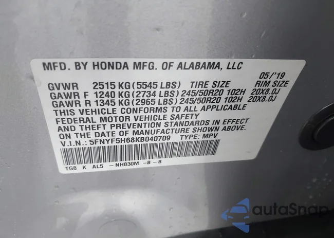 5FNYF5H68KB040709: 43874183