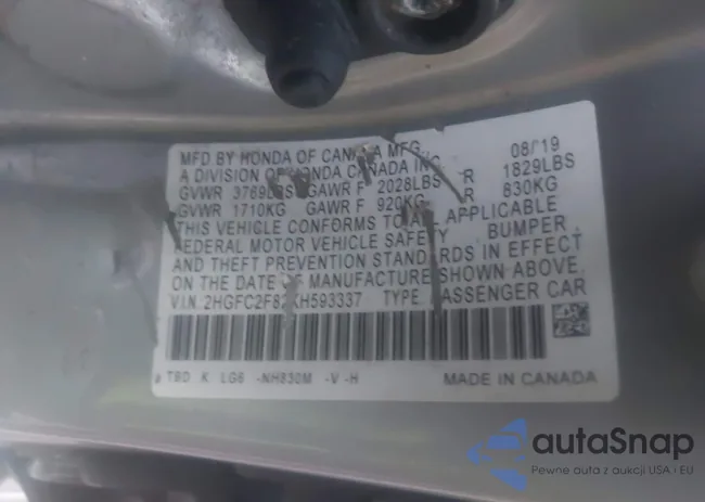 2HGFC2F82KH593337: 43873593