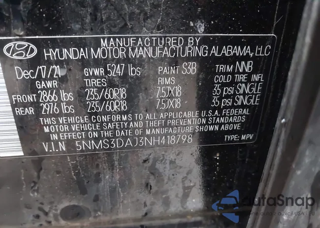 5NMS3DAJ3NH418798: 43876934