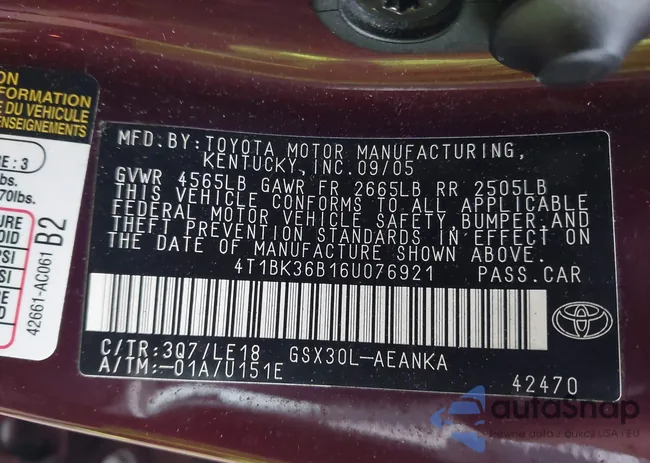 4T1BK36B16U076921: 43877245