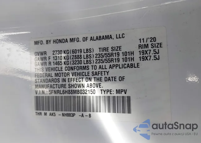 5FNRL6H88MB032150: 43878035