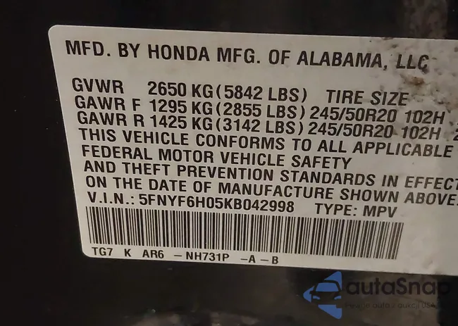 5FNYF6H05KB042998: 43885250