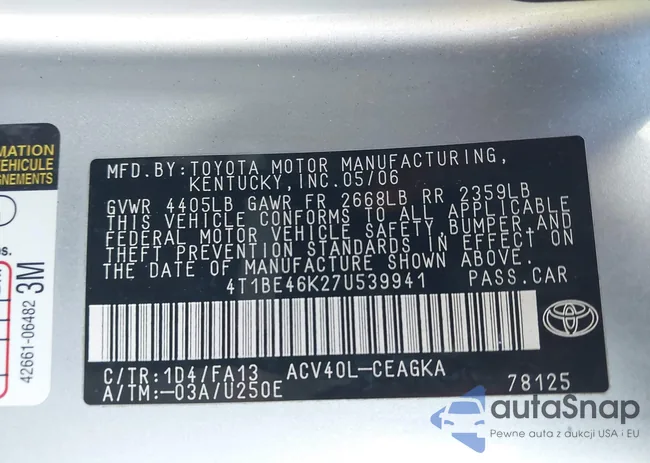 4T1BE46K27U539941: 43884805