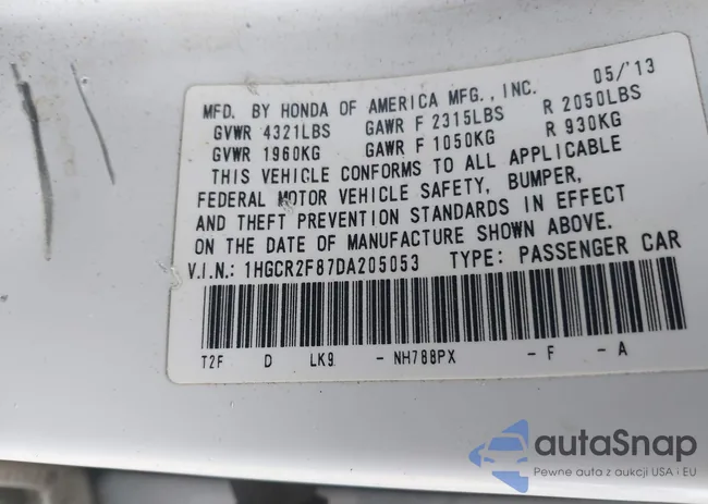 1HGCR2F87DA205053: 43887674