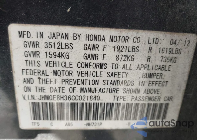 JHMGE8H36CC021840: 43888939