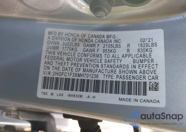 2HGFC1F3XMH701236: 43888716