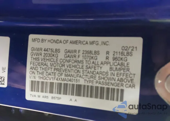 1HGCV1F4XMA040151: 43890898