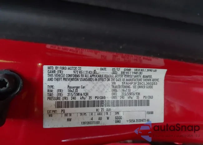 1FAHP3F25CL360253: 43891426