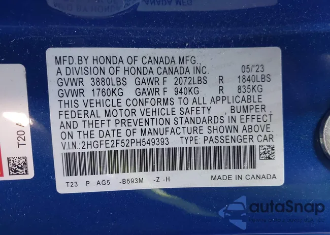 2HGFE2F52PH549393: 43893491