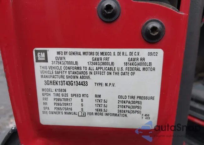 3GNEK13T43G134433: 43893517