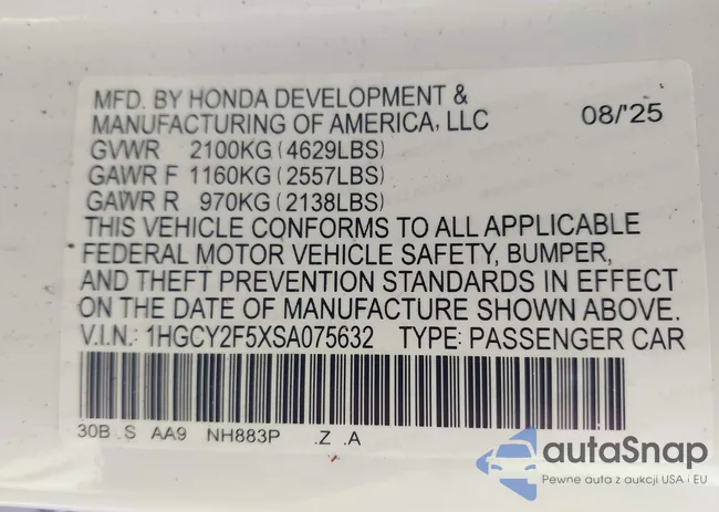 1HGCY2F5XSA075632: 43896925