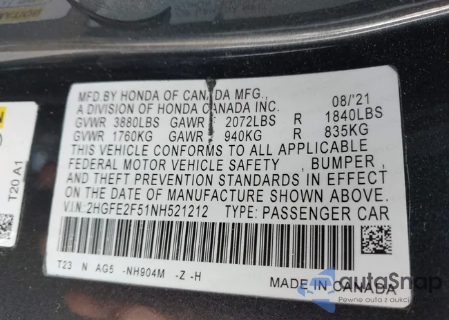 2HGFE2F51NH521212: 43897507