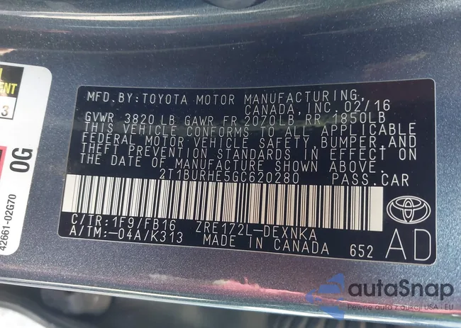 2T1BURHE5GC620280: 43897543