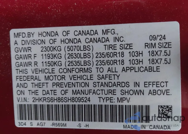 2HKRS6H86SH809524: 43898705