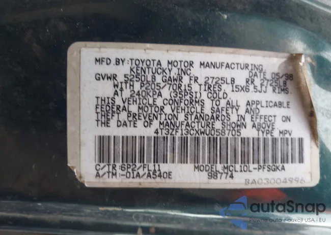 4T3ZF13CXWU058705: 43898712