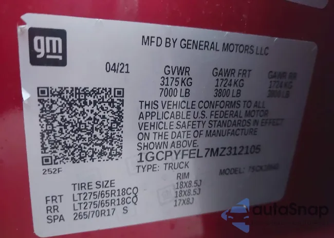 1GCPYFEL7MZ312105: 43899856