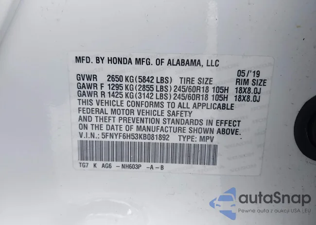 5FNYF6H53KB081892: 43901167