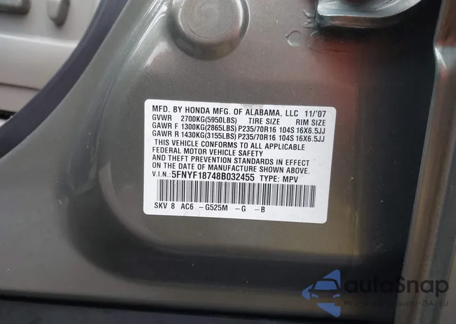 5FNYF18748B032455: 44506020