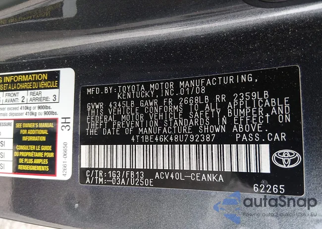 4T1BE46K48U792387: 44506344