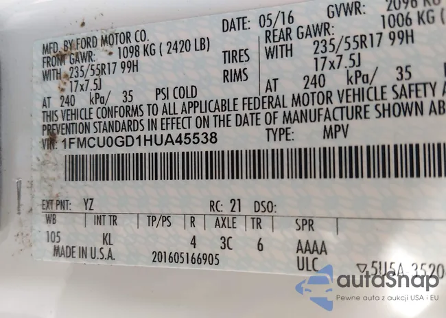 1FMCU0GD1HUA45538: 44511562