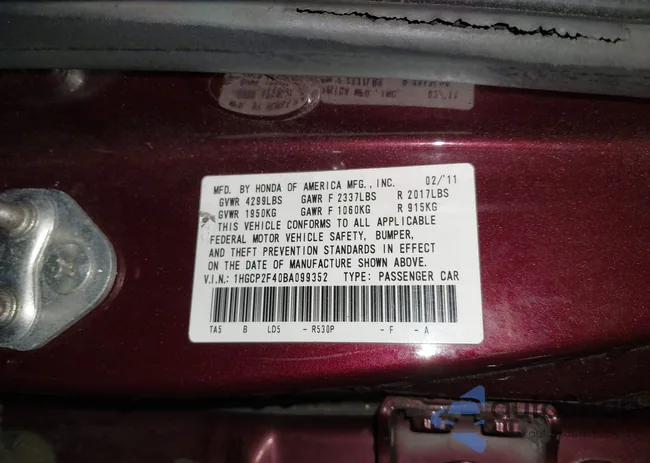 1HGCP2F40BA099352: 44514024