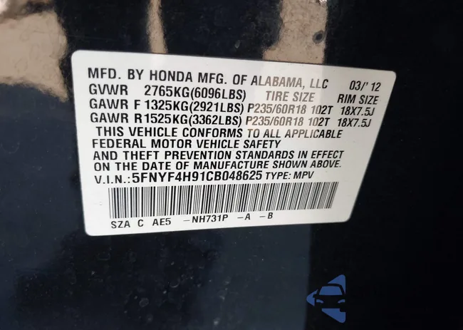 5FNYF4H91CB048625: 44517688