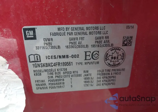 1GNSKBKC4FR189561: 44517333