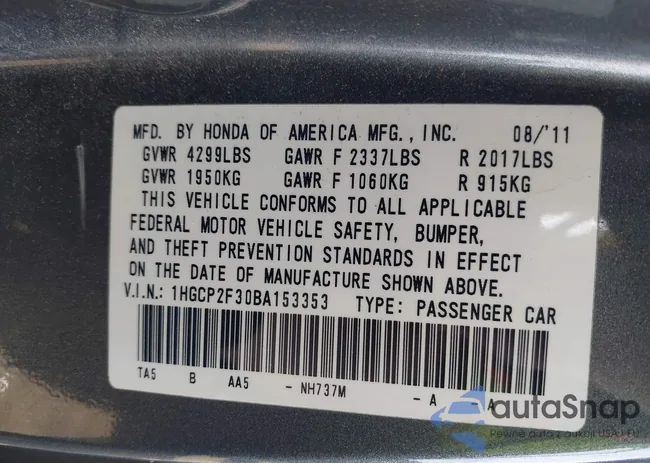 1HGCP2F30BA153353: 44522302