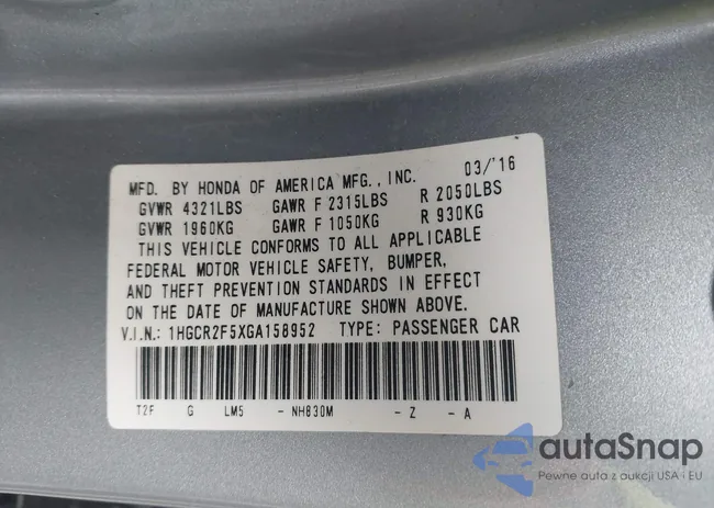 1HGCR2F5XGA158952: 44527694