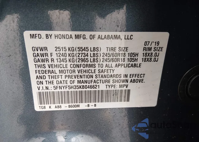 5FNYF5H35KB046621: 44533329