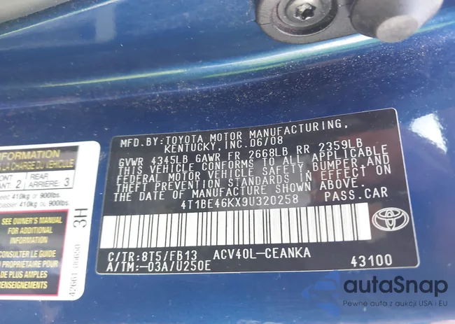 4T1BE46KX9U320258: 44533466