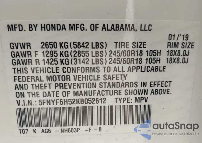 5FNYF6H52KB052612: 44537238