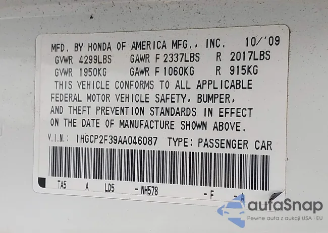 1HGCP2F39AA046087: 44541231