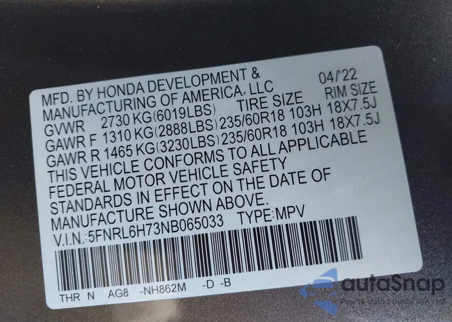 5FNRL6H73NB065033: 44555031
