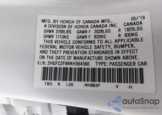 2HGFC2F84KH564566: 44555386