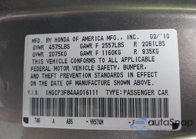 1HGCP3F84AA016111: 44559205