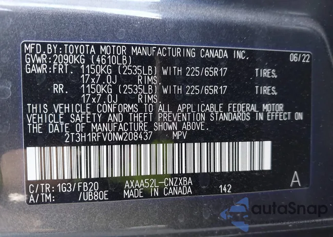 2T3H1RFV0NW208437: 44569485