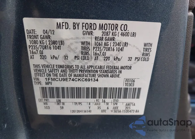 1FMCU9E74CKC69134: 44571727