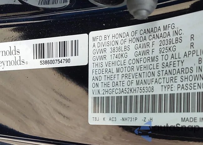 2HGFC3A52KH755308: 44574224