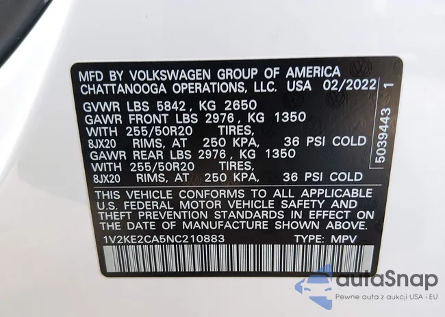 1V2KE2CA5NC210883: 44586543