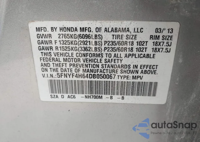 5FNYF4H64DB050067: 44586605