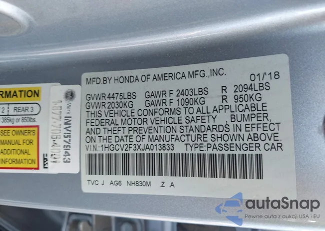 1HGCV2F3XJA013833: 44587525