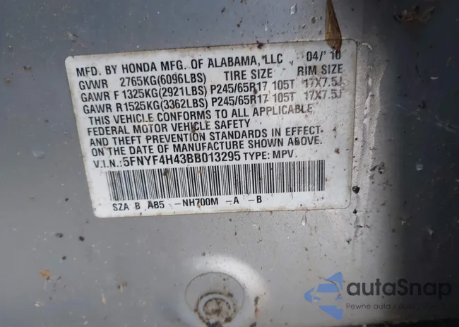 5FNYF4H43BB013295: 44605667