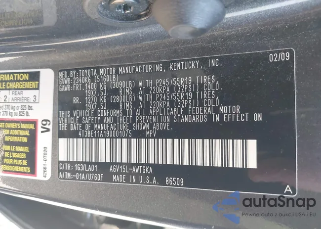 4T3BE11A19U001075: 44606631