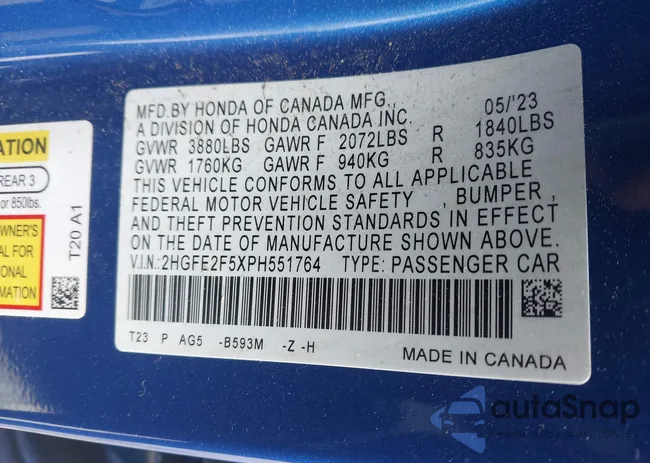 2HGFE2F5XPH551764: 44610609