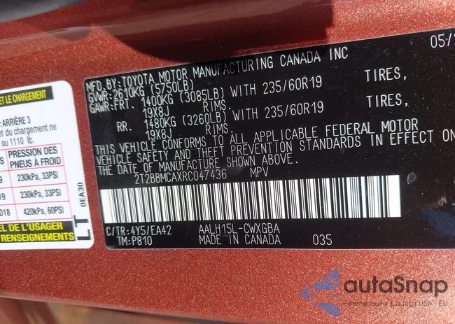 2T2BBMCAXRC047436: 44617529