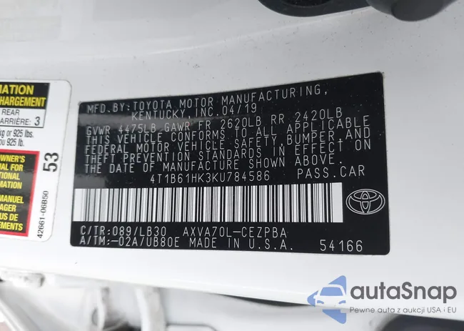 4T1B61HK3KU784586: 44619366