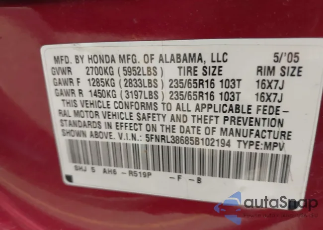 5FNRL38685B102194: 44621687