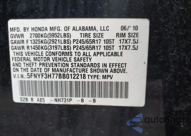 5FNYF3H77BB012218: 44628087